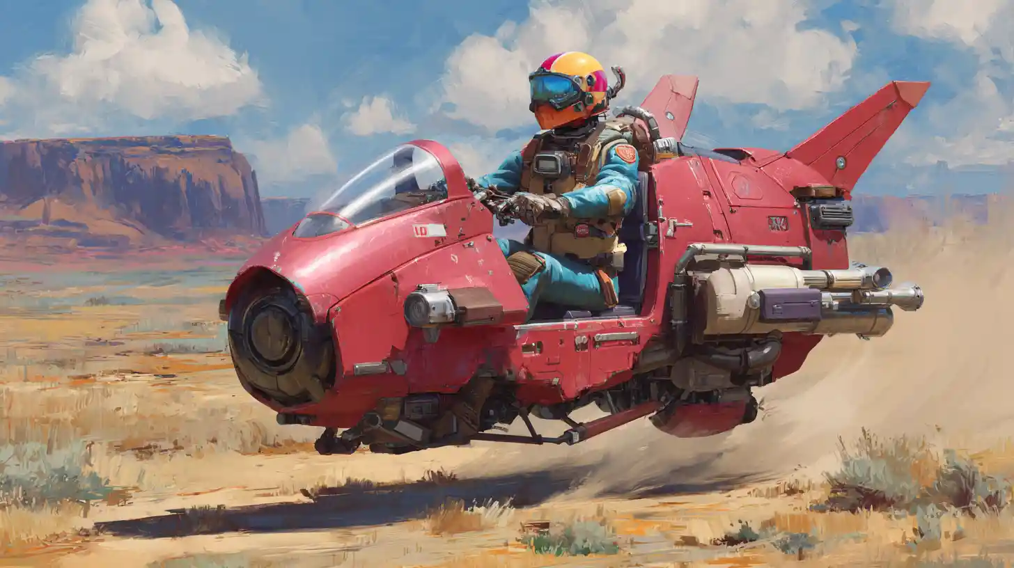 Speeder cramoisi futuriste filant à travers un désert coloré