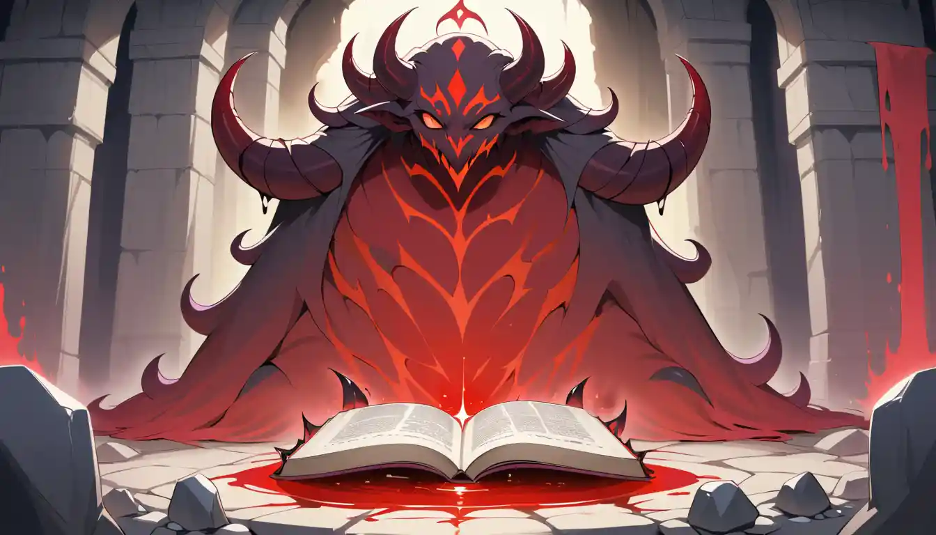 Figura demoníaca de líquido vermelho oferecendo um grimório sombrio
