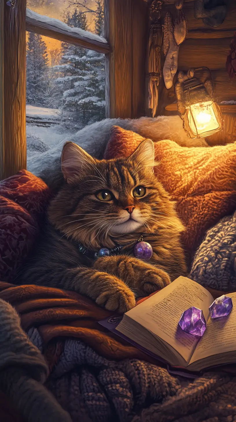 Chat tigré douillet reposant sur des coussins dans une chambre rustique