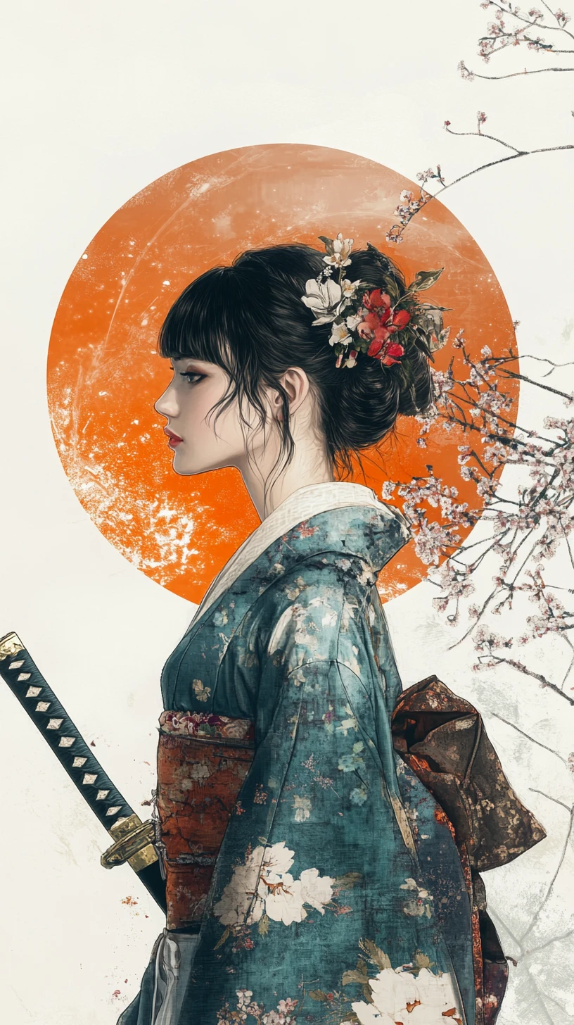 Elegante donna samurai in kimono tradizionale di profilo