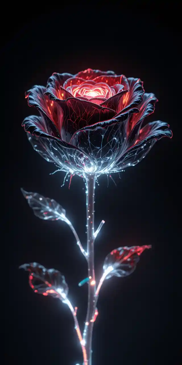 Leuchtende schwarze Rose mit Glasblütenblättern vor dunklem Hintergrund
