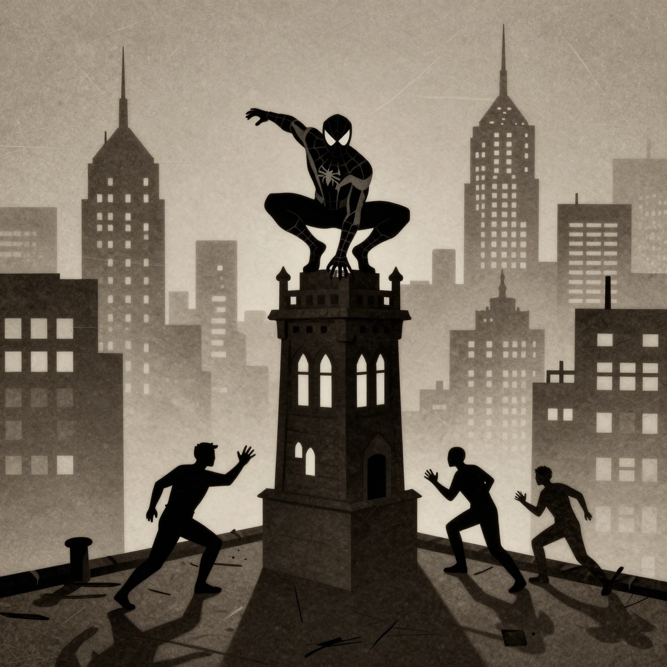 Super-herói sombrio escalando uma torre gótica acima de uma cidade noir