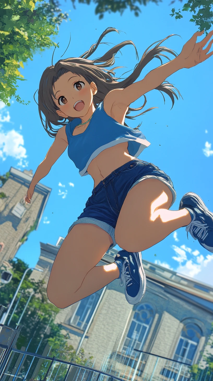 Ragazza anime atletica che salta in alto sotto un cielo azzurro brillante