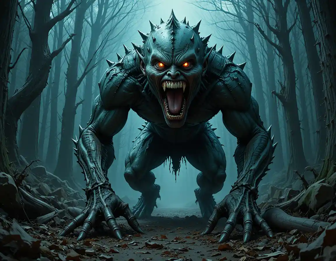 Menacing monster crawling through a misty dark forest