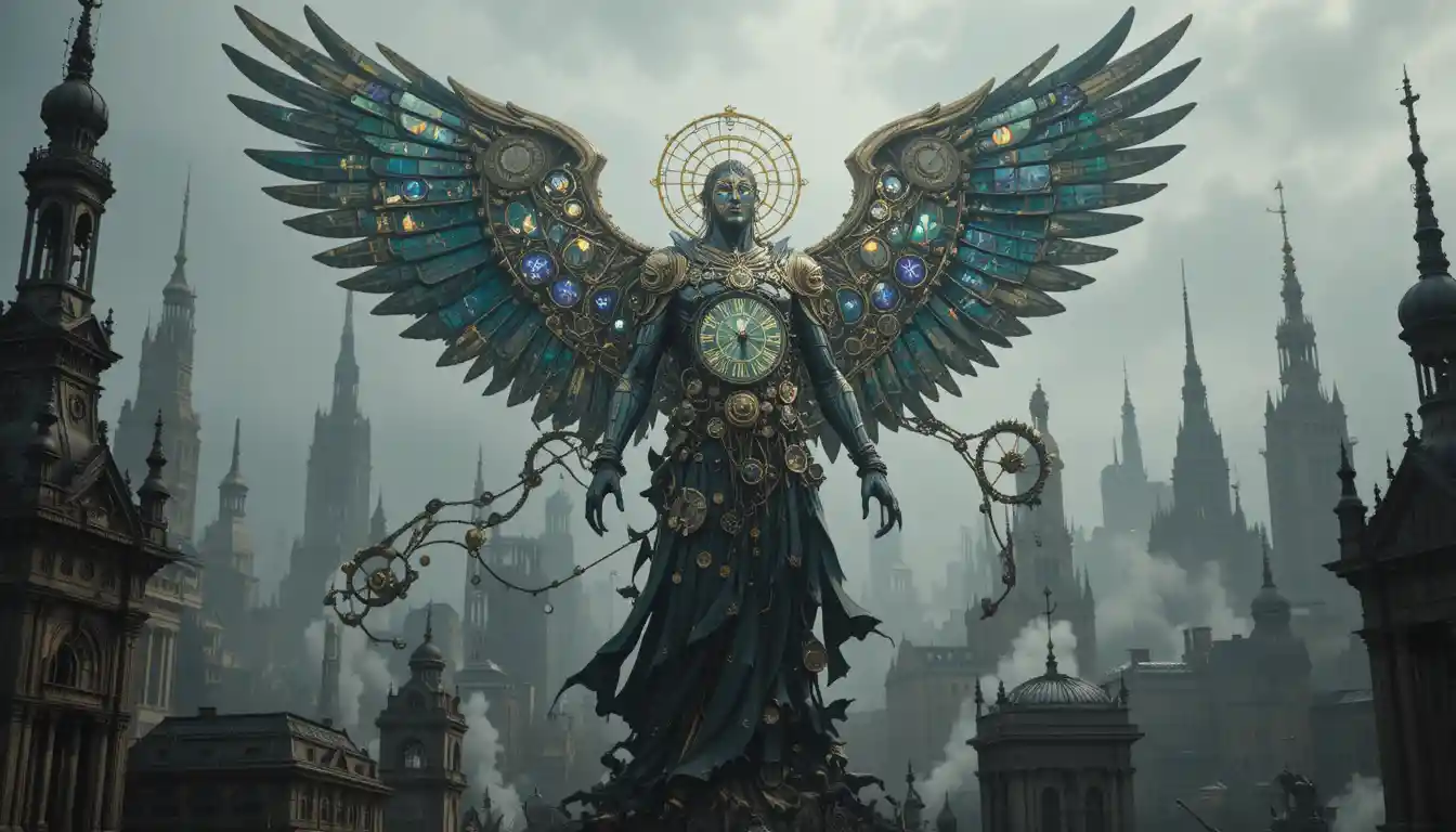 Anjo mecânico erguendo-se sobre uma cidade steampunk enevoada