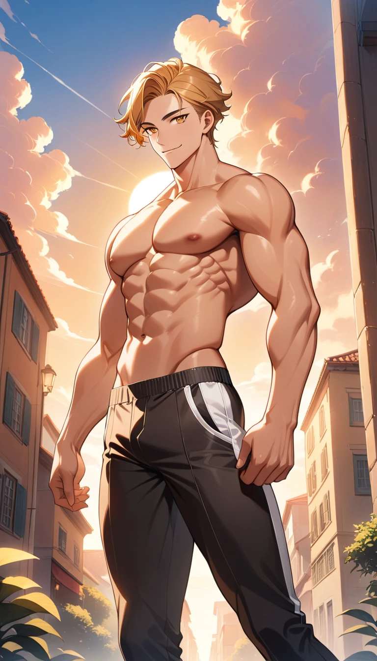Hombre de ojos dorados y sonrisa juguetona en retrato anime al amanecer