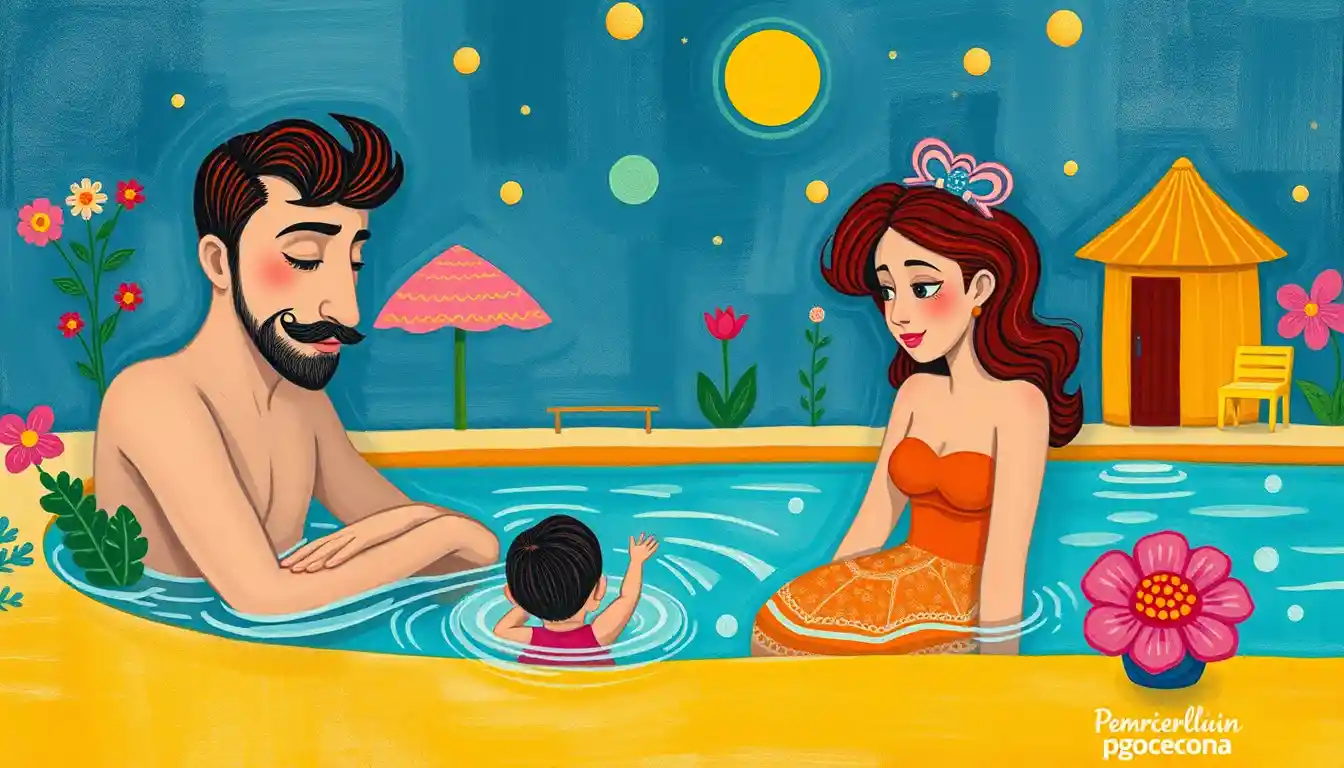 Famille joyeuse à la piscine dans un style d’illustration fantaisiste
