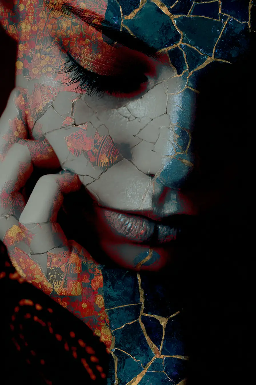 Dipinto surreale silenzioso di forme astratte ispirate al kintsugi