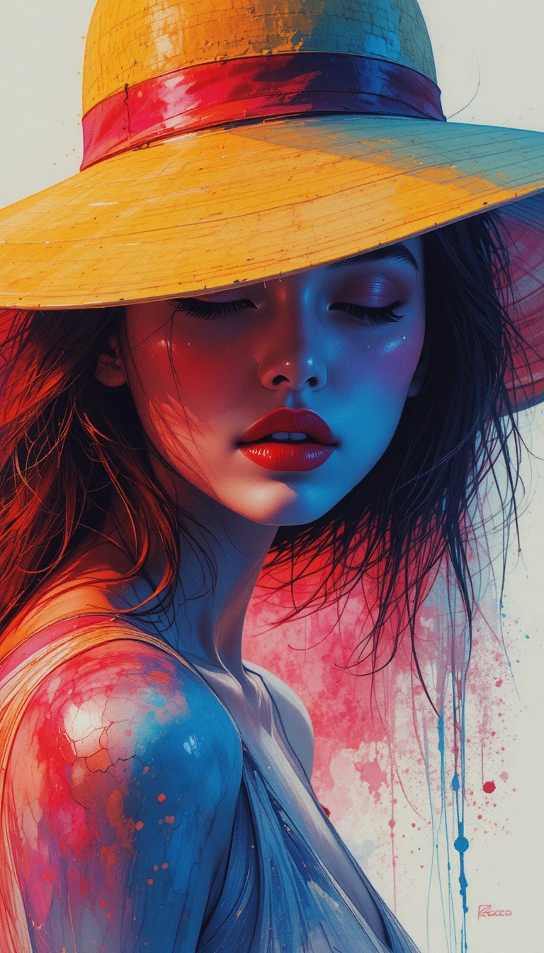 Cinematic portrait of a woman in a wide yellow hat