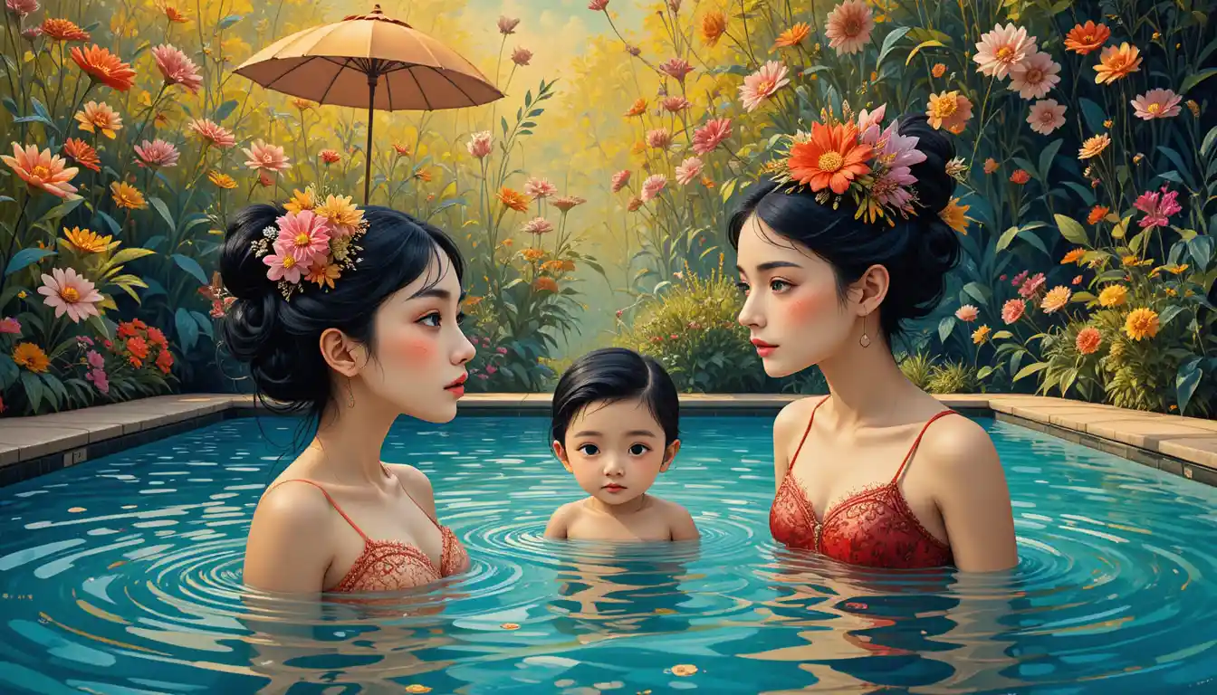Scène de famille fantaisiste au bord d’une piscine colorée