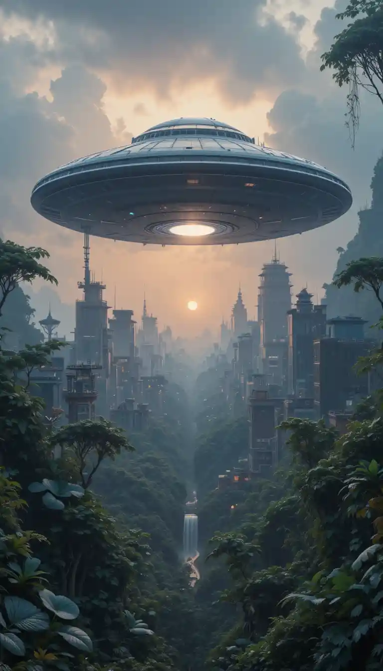 Futuristic ufo hovering above a lush jungle landscape