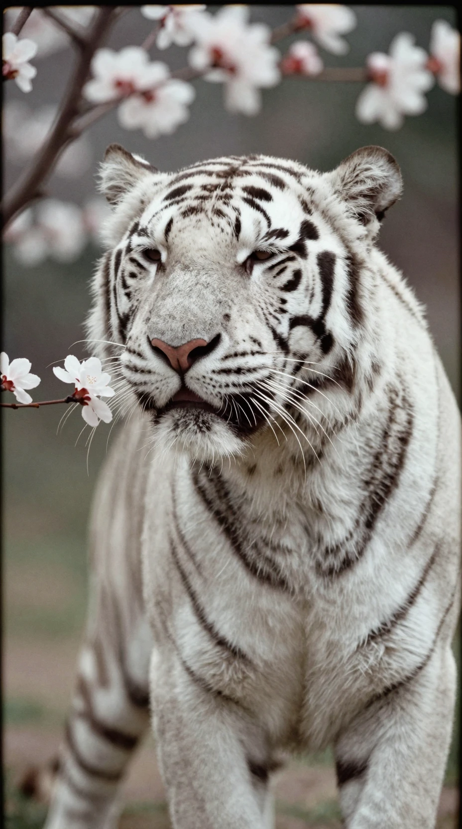 Tigre blanc sentant des fleurs en gros plan paisible