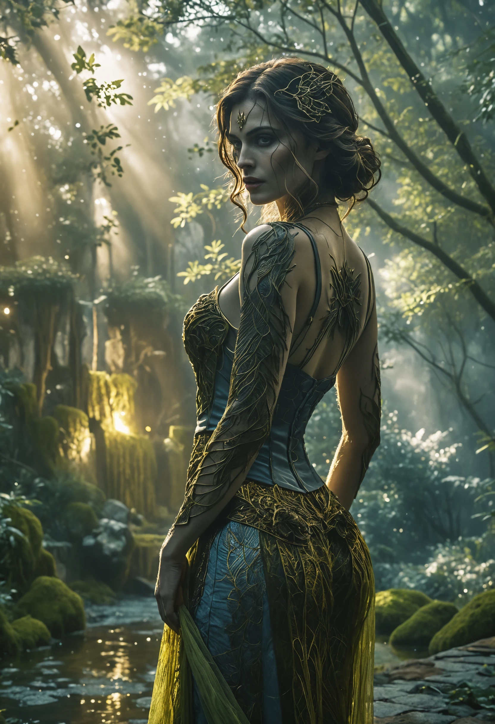 Gothic fantasy woman in moonlit cinematic full body scene