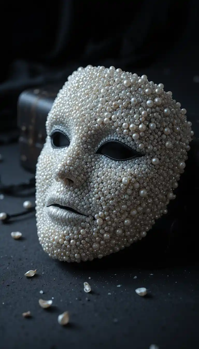Perlenmaske auf dunkler Oberfläche mit dramatischem Seitenlicht