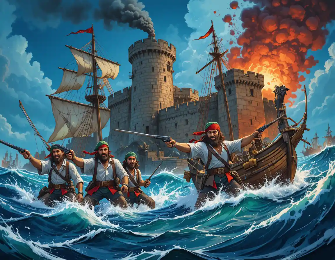 Tripulação pirata atacando uma fortaleza costeira em arte em quadrinhos