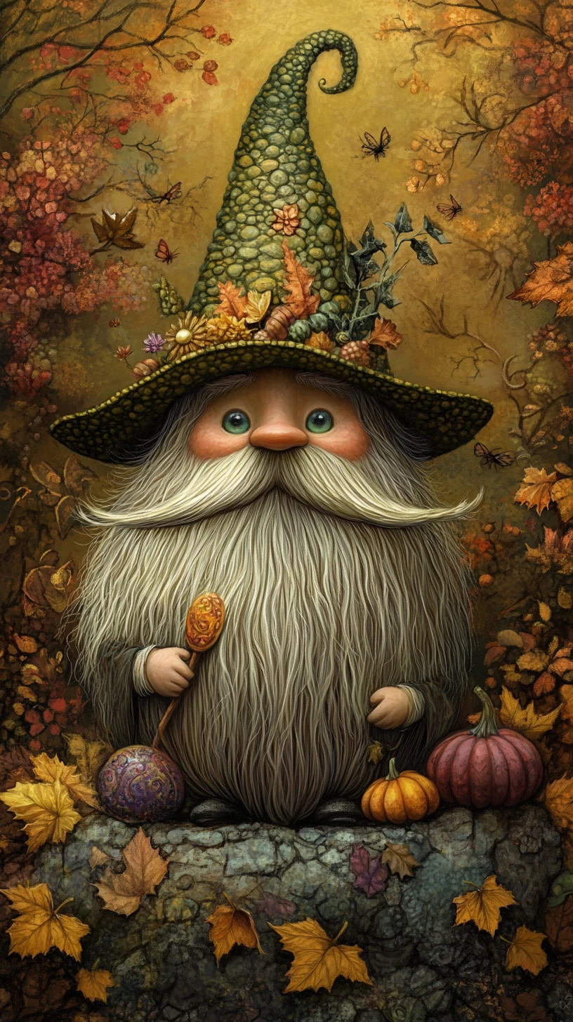 Whimsical wizard creature in a vibrant halloween fantasy scene