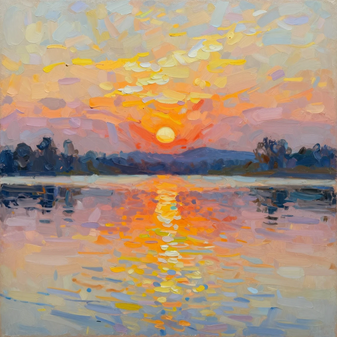 Tramonto impressionista su una tranquilla scena lacustre materica
