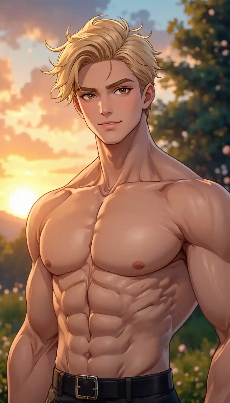 Homem de olhos dourados em retrato anime ao nascer do sol