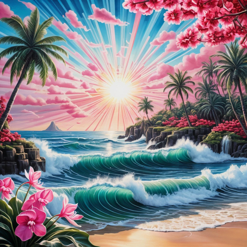 Paisagem onírica surreal de oceano vermelho e preto com sol e palmeiras