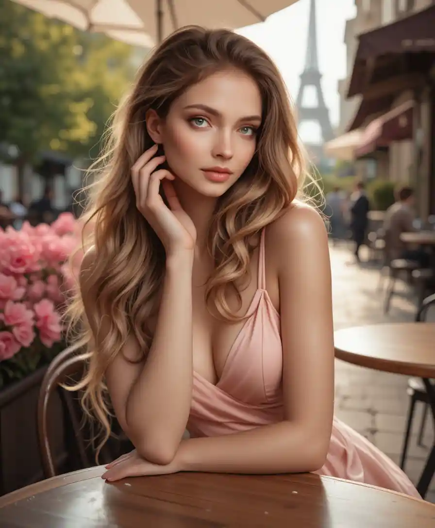 Elegante donna bionda sulla terrazza di un caffè all'aperto a Parigi