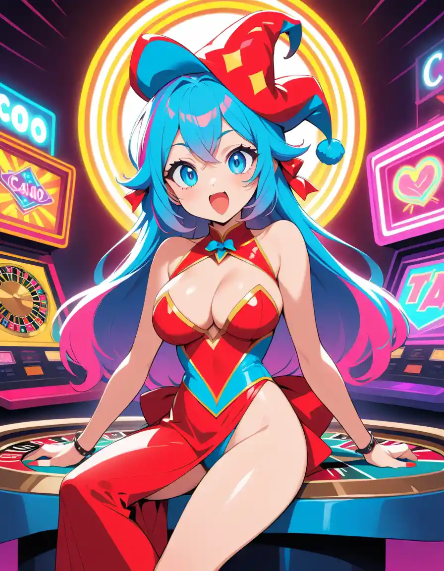 Chica de casino estilo anime con disfraz de bufón juguetón y luces de neón