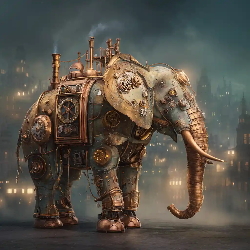Autômato de elefante steampunk em uma cidade de fantasia surreal