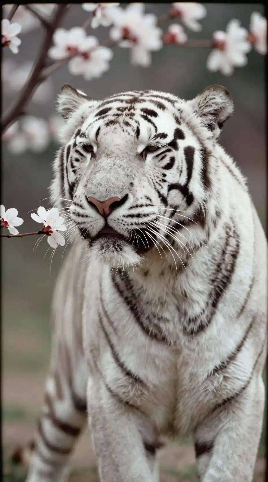 Tigre blanc sentant des fleurs en gros plan paisible