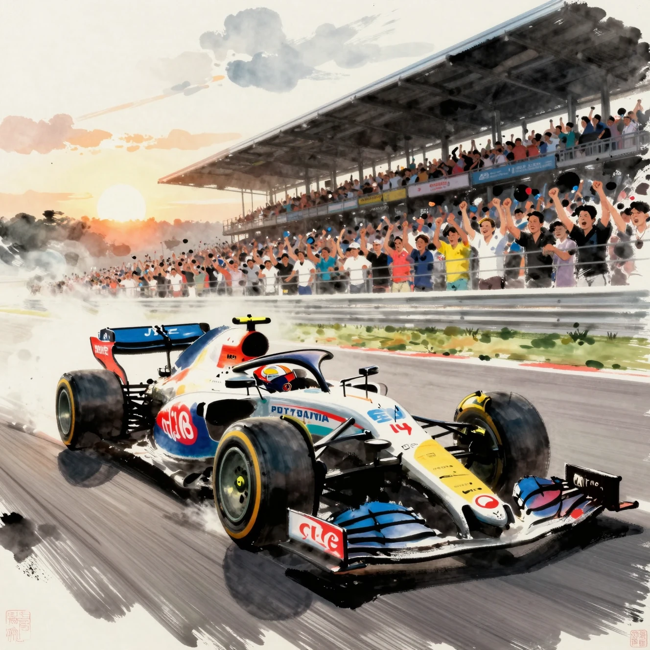 Carro de corrida de F1 passando veloz pelas arquibancadas em estilo de pintura a tinta