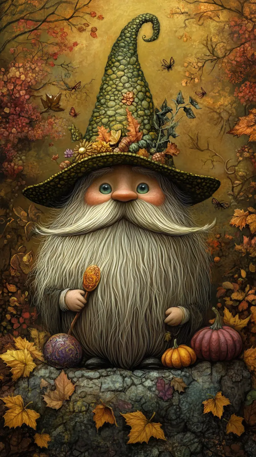 Whimsical wizard creature in a vibrant halloween fantasy scene