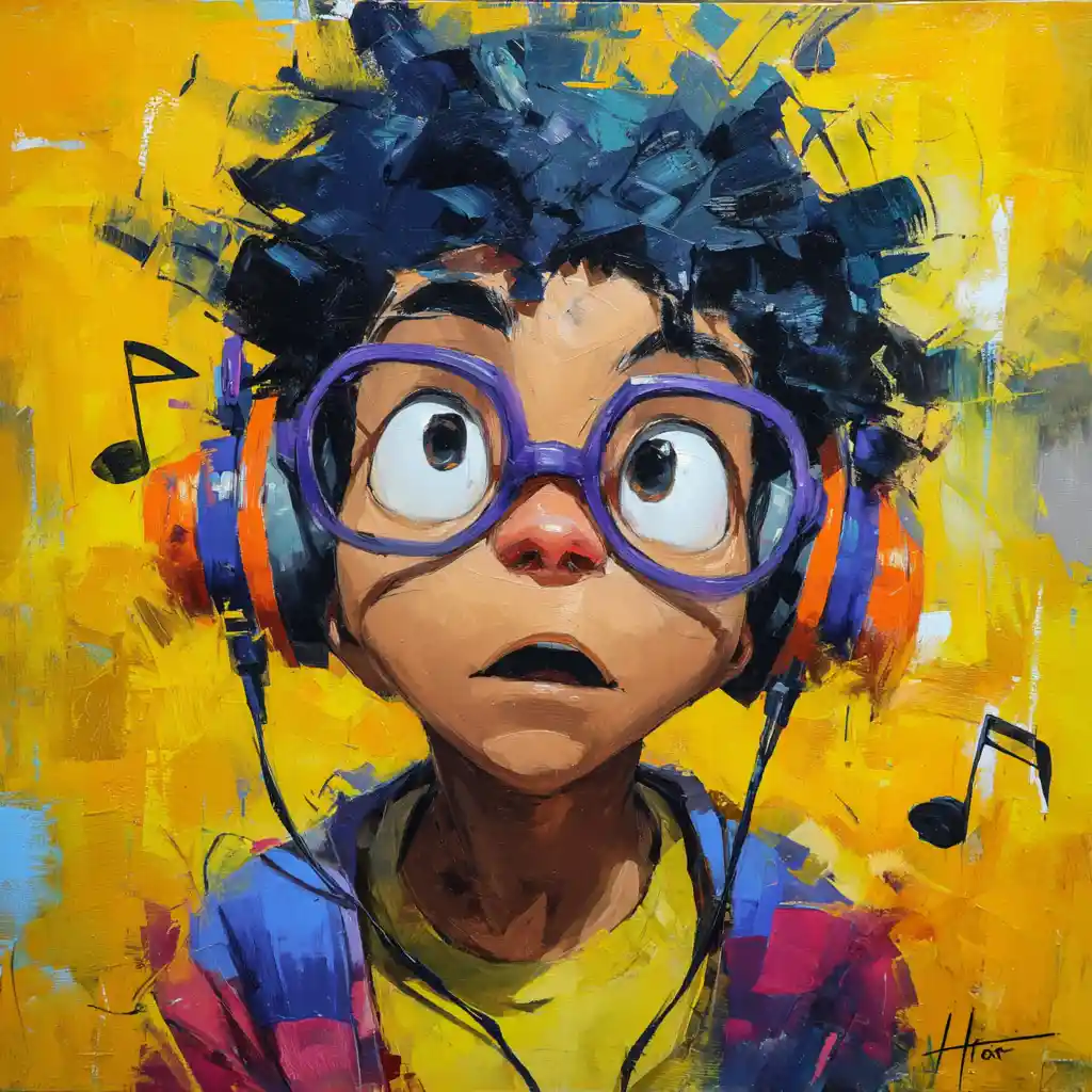 Personnage de dessin animé espiègle avec lunettes colorées et casque audio