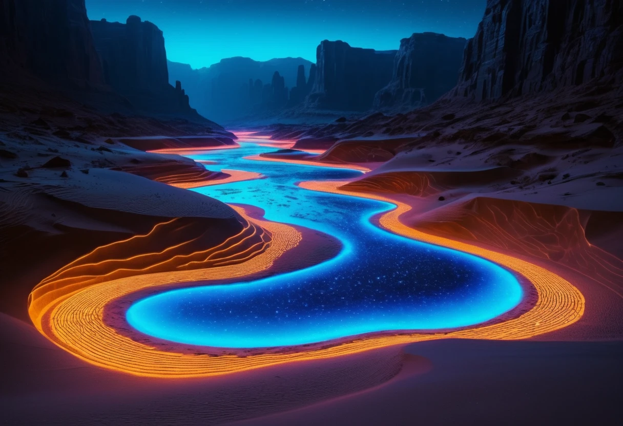 Río de neón futurista que fluye por un desierto digital luminoso