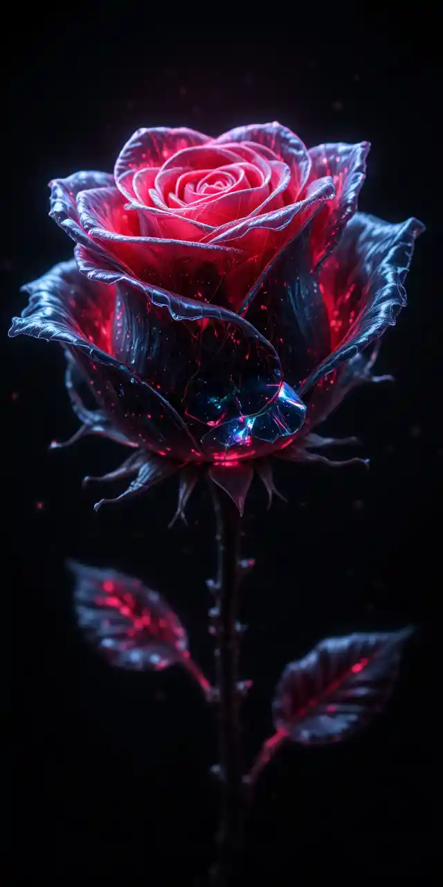 黑暗背景上發光的玻璃花瓣黑玫瑰