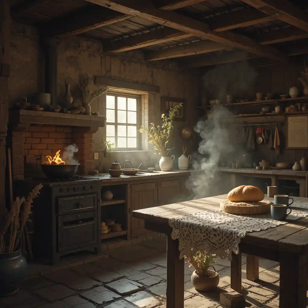 Cozinha rústica de fazenda brasileira com fogão a lenha e mesa