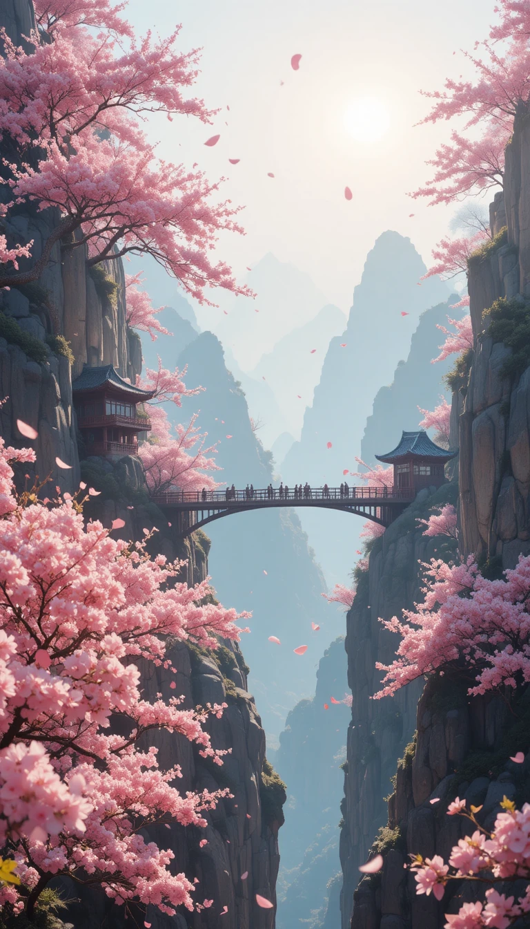 黎明時分櫻花與懸崖寺廟間的山中吊橋