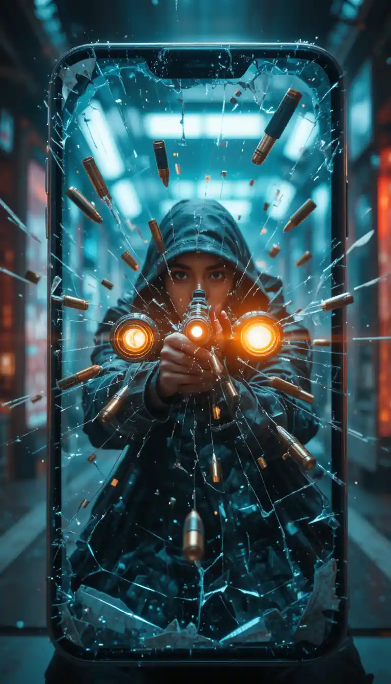 Balas Estilhaçando a Tela de um Smartphone em Ação Cinematográfica