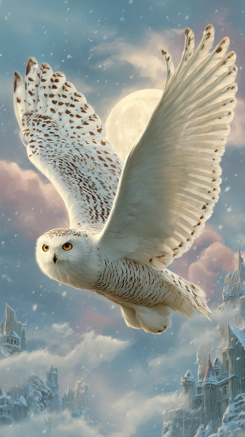White snow owl soaring through a moonlit winter sky