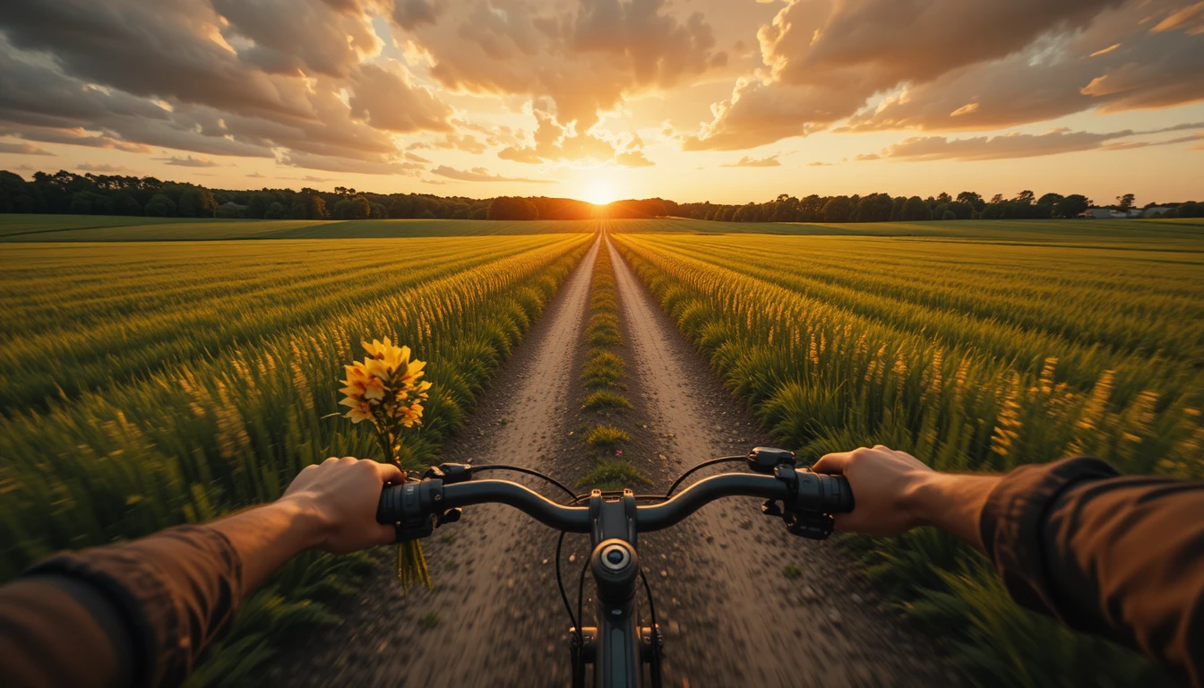 夕暮れの田園道を走る一人称視点の自転車ライド