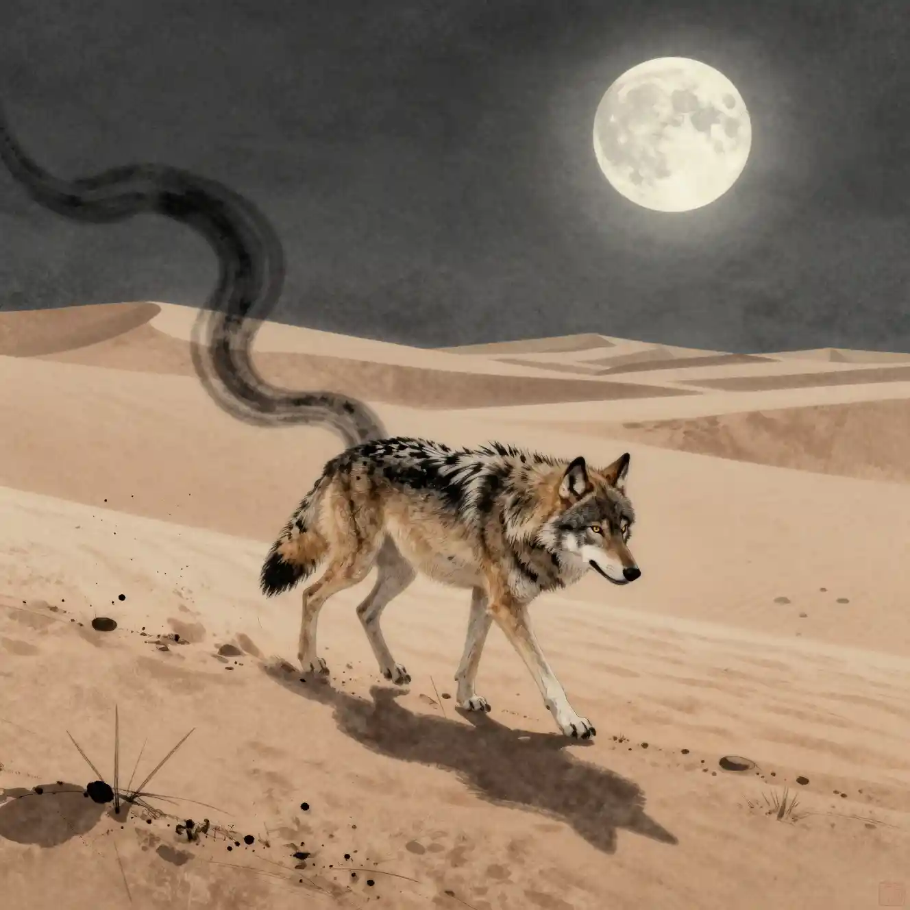 Lobo solitário cruza dunas ao luar na noite do deserto