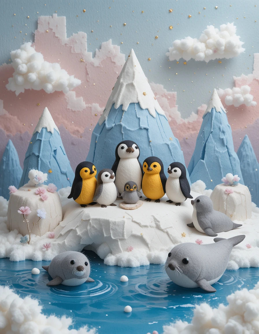 やわらかな極地コットンの風景にいる手作りフェルトのペンギンたち