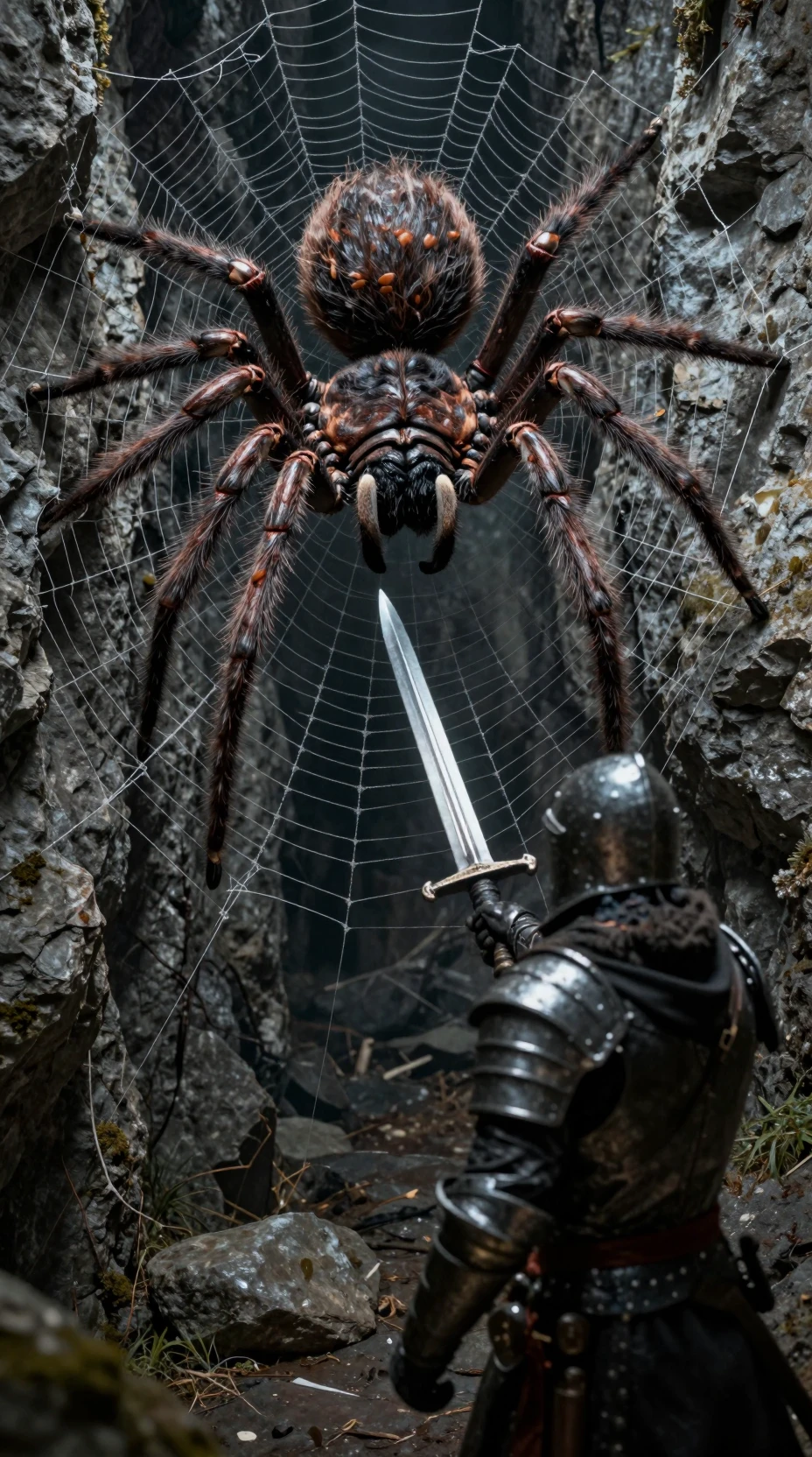 Knight faces a giant spider in a web filled cave