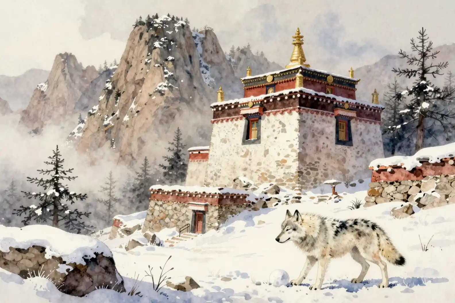 寧靜雪山寺廟聖域的水彩畫