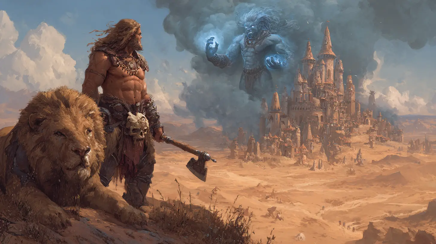 Guerreiro bárbaro e leão blindado enfrentando um djinn gigante