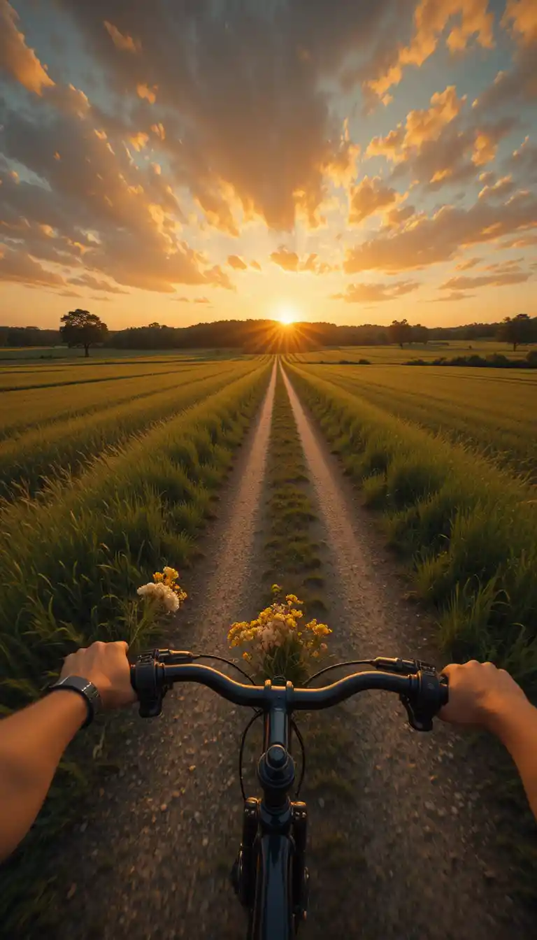 Paseo en bicicleta en primera persona por un atardecer dorado en el campo