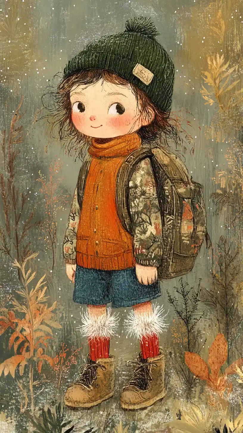 冬季森林中的小小探險家混合媒材插畫