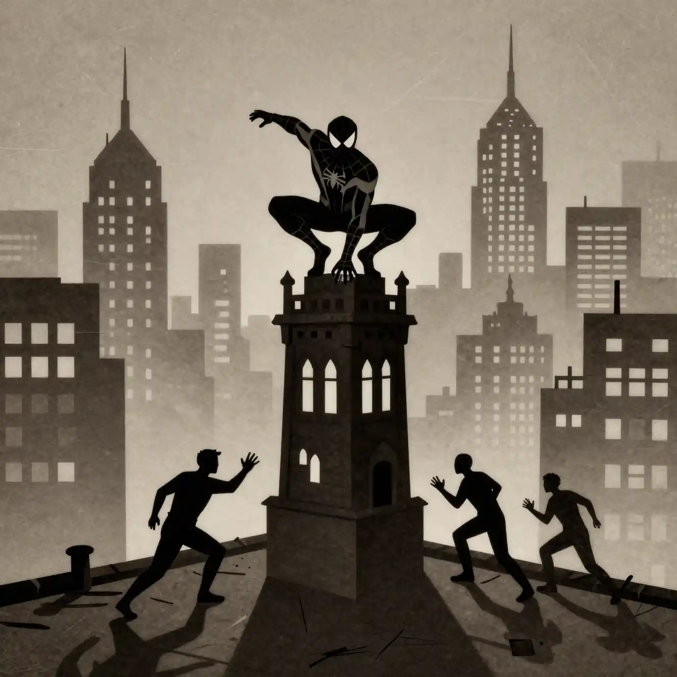 Supereroe oscuro che scala una torre gotica sopra una città noir