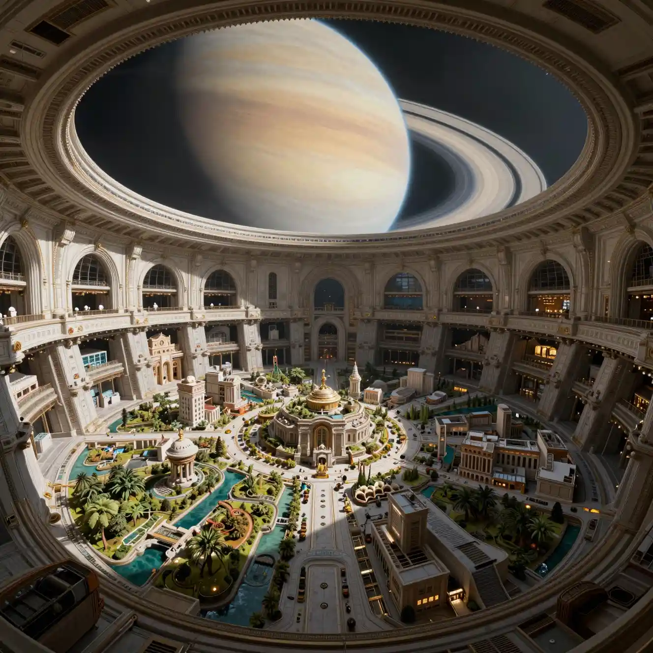 Vue panoramique intérieure d’une colossale station spatiale en orbite