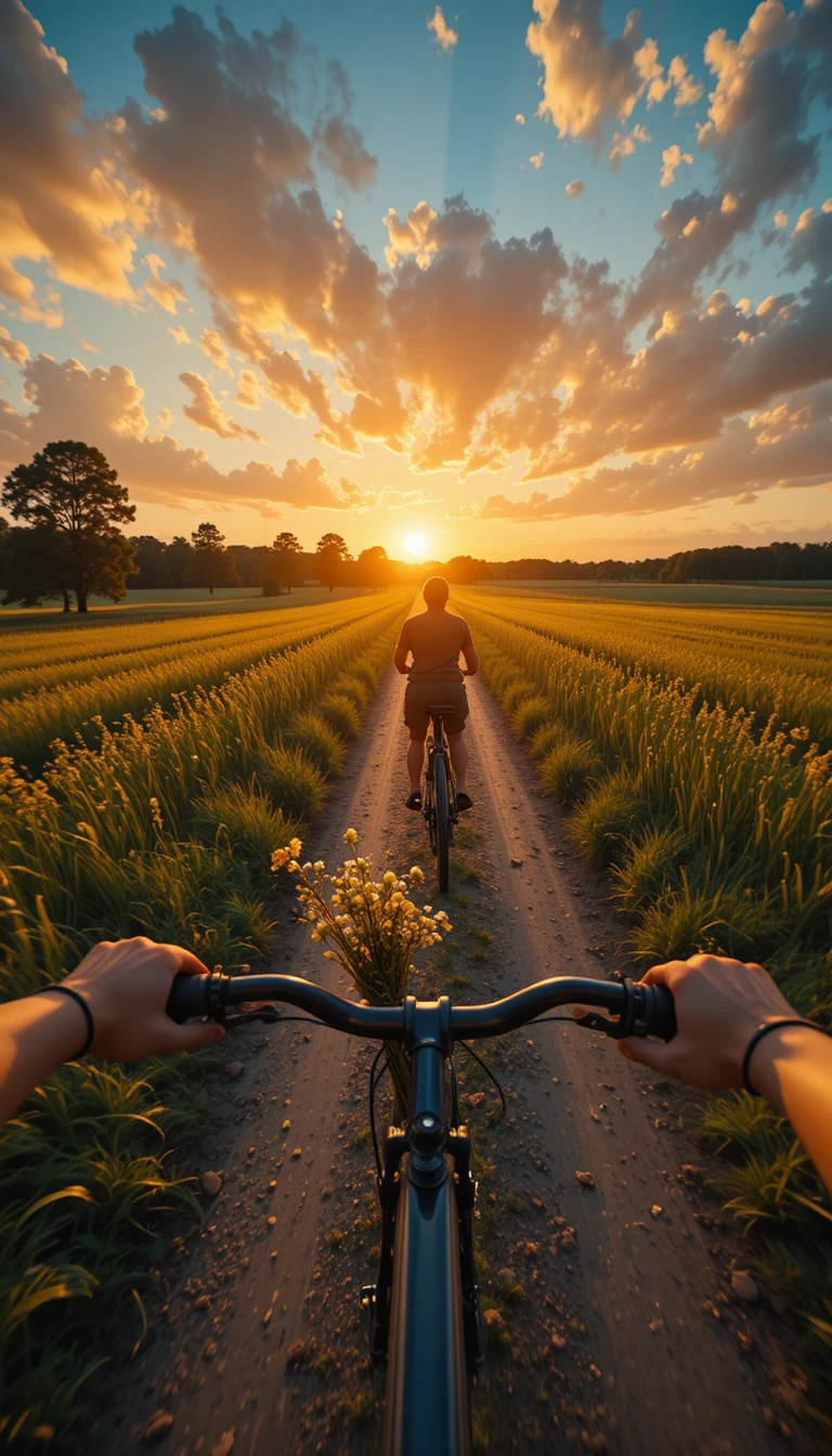 Passeio de bicicleta ao sol por uma tranquila estrada rural