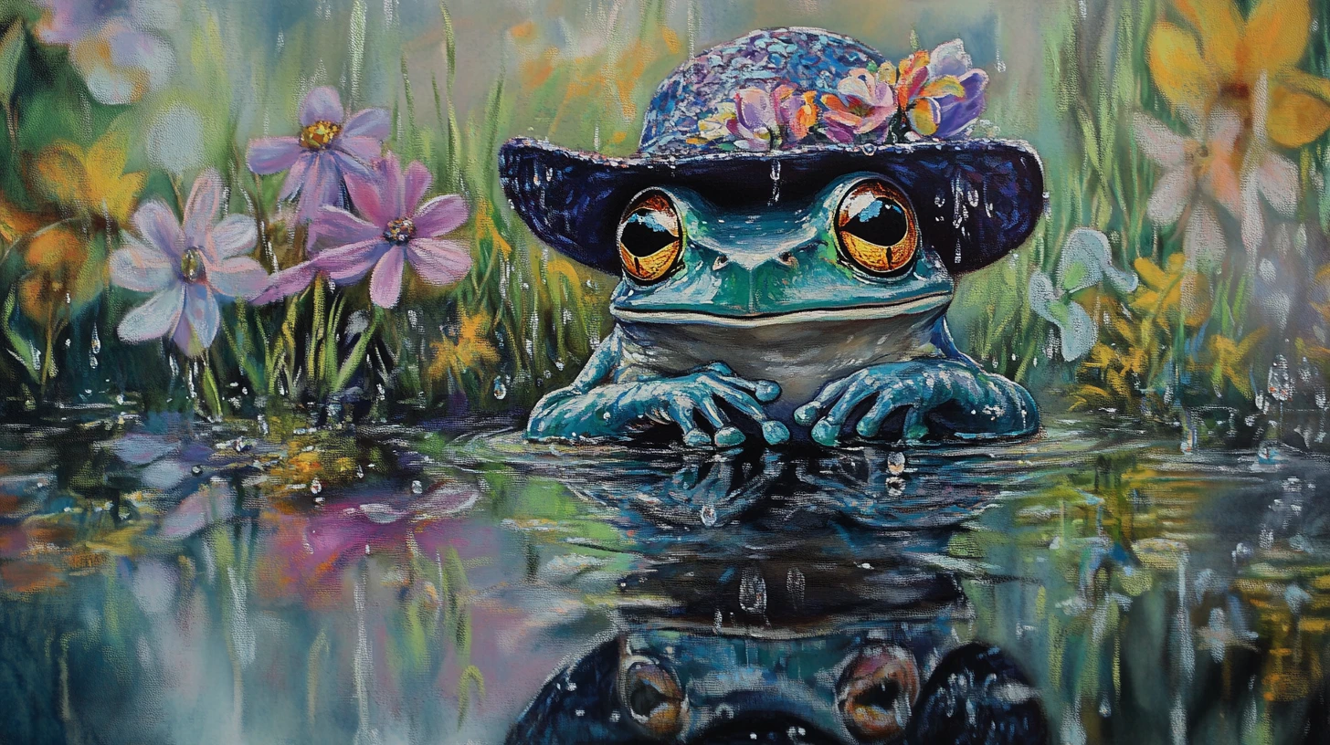 Grenouille pensive dans un pré fleuri avec reflet ondoyant
