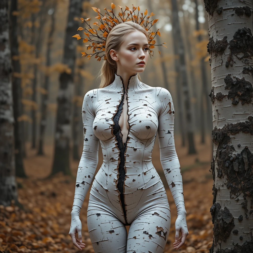 Surreal birch bark woman in a quiet autumn forest