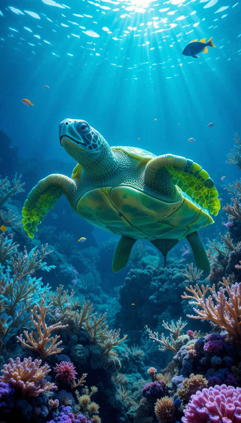 綠色海龜在珊瑚礁間與魚悠游